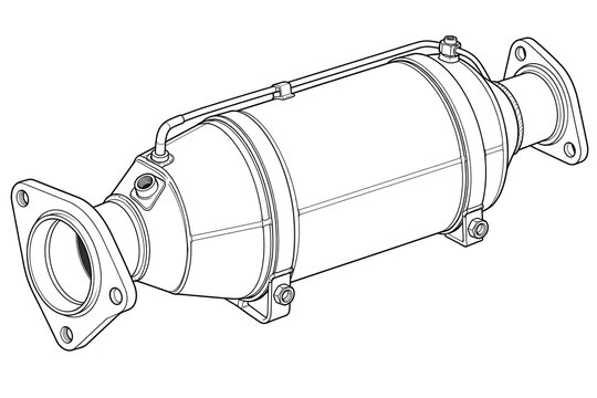 Diesel particulate filter DPF component technical line art illustration. Auto repair mechanic diagram and car exhaust system parts catalog drawing.