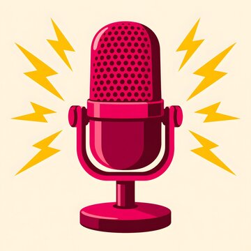 Podcast microphone flat icon design with dynamic sound waves in bold pink color. Audio content creation, broadcasting, and podcasting studio graphic symbol.