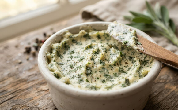 Homemade herb butter in a small ceramic bowl with a wooden spreader knife on a rustic wooden table surface with fresh sage leaves
