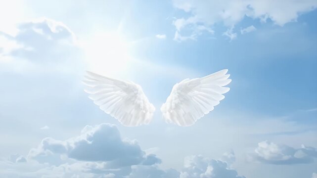Bright white majestic angel wings floating peacefully in the middle of a beautiful clear blue sky with fluffy white clouds and a soft glowing sun shining behind them