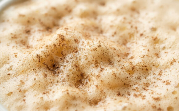 Macro shot of frothy milk foam sprinkled with aromatic cinnamon powder on top of a hot cappuccino coffee macro background texture