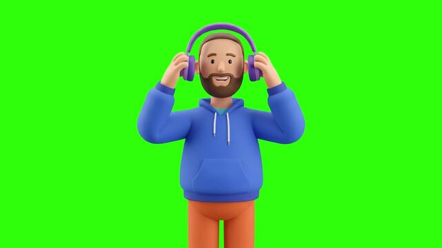 A friendly 3D animated bearded man in a blue hoodie placing purple wireless headphones over his ears on a chroma key green background. Perfect for music app promos, podcast visualizers, audio tech ads