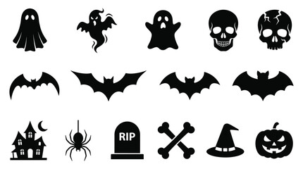 Fototapeta premium Halloween Silhouette Vector Set with People, Pumpkin, Bat, Ghost, Cat, Skull, Witch, Spider and Monster Icons for Spooky Autumn Holiday Design
