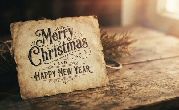 Vintage Merry Christmas and Happy New Year greeting card on rustic wooden background holiday design template