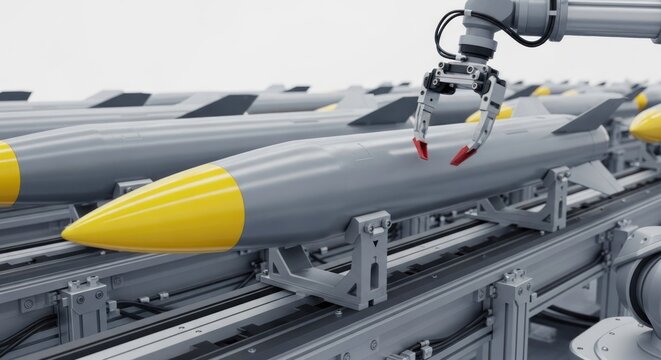 Robotic arm assembling missile on automated production line.