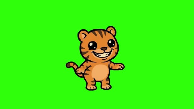 A cheerful 2D animated tiger character dancing joyfully on a chroma key green screen background. Ideal for safari themes, children's games, funny wild cat animations, and cartoon mascot overlays.