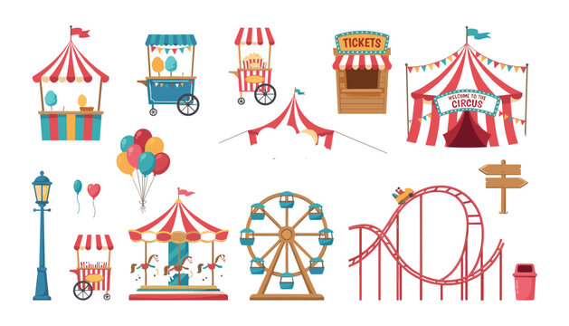 PrintVintage circus elements vector set with carnival tent ferris wheel roller coaster balloons ticket booth and food carts
