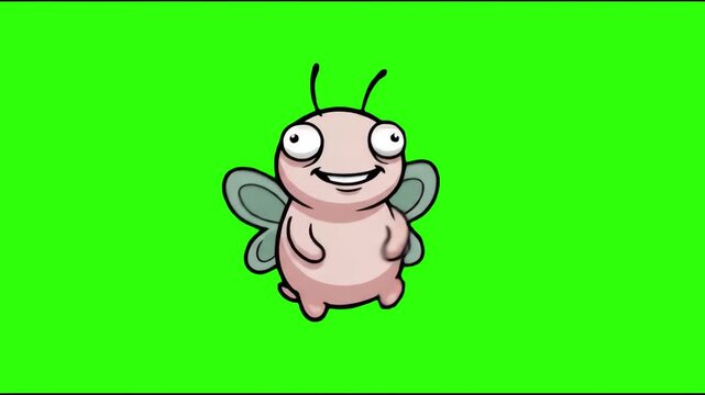 A cute and goofy 2D hand drawn cartoon pink bee insect character dancing happily on a chroma key green background. Great for children educational clips, funny bug animations, mobile game mascots, spri