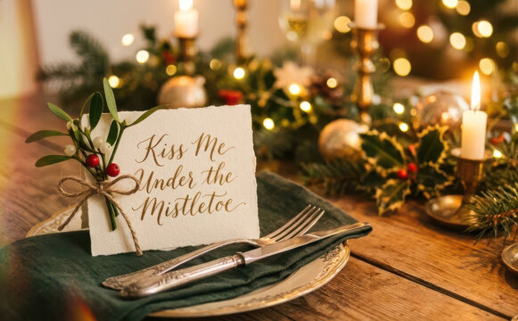 Christmas table setting with mistletoe card place card silverware candles holiday dinner decor festive flatware celebration design