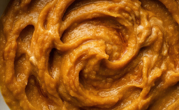 Smooth orange pumpkin puree texture swirled in a bowl close up for autumn baking and holiday cooking concepts