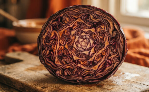 Cross section of a fresh red cabbage on a wooden cutting board representing healthy cooking and organic nutrition for vegetable recipes