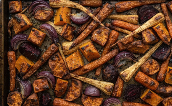 A vibrant assortment of oven roasted root vegetables including carrots, parsnips, sweet potatoes, and red onions arranged on a baking sheet, perfect for healthy cooking concepts.