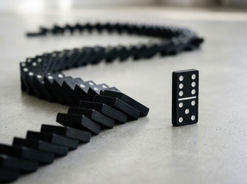 Single Black Domino Isolated Before Chain Reaction Begins on Surface