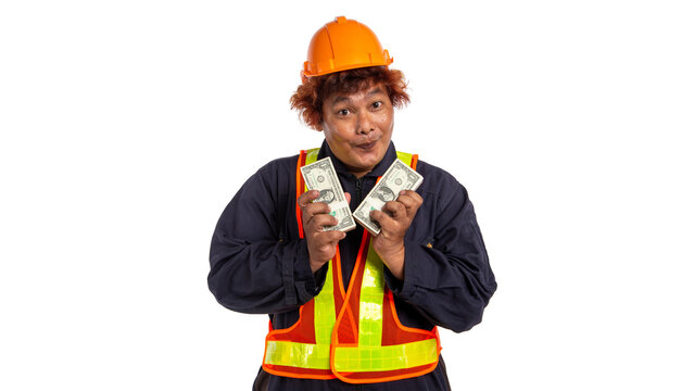 Construction Worker Holding Money, Funny Laborer in Safety Helmet and Reflective Vest Showing Cash, Construction Industry, Wages and Income Concept