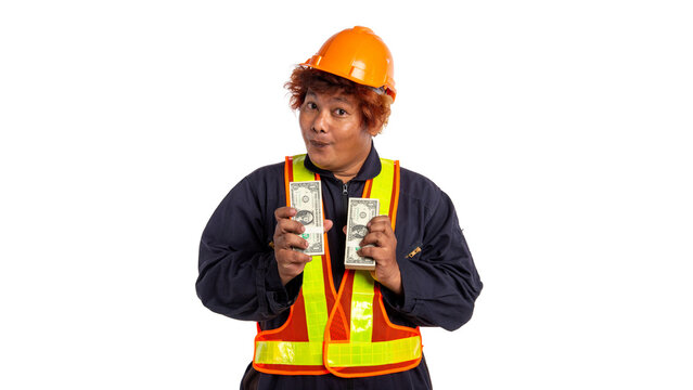 Construction Worker Holding Money, Funny Laborer in Safety Helmet and Reflective Vest Showing Cash, Construction Industry, Wages and Income Concept