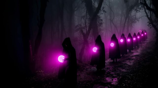 Ghosts in black cloaks with glowing purple orbs walking through dark misty forest. Halloween horror procession of mysterious souls.