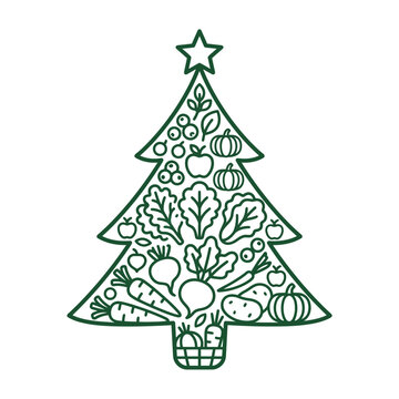 Christmas Tree Shape Made of Organic Vegetables and Fruit Line Art Icon