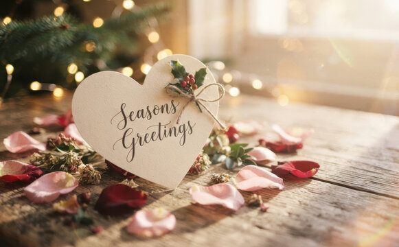 Heart shaped Seasons Greetings card on wooden table surrounded by rose petals and festive lights for winter holidays celebration concept