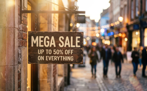 Mega sale sign hanging outside a boutique store on a European shopping street with pedestrians walking by, representing retail discount, promotion, and shopping events.