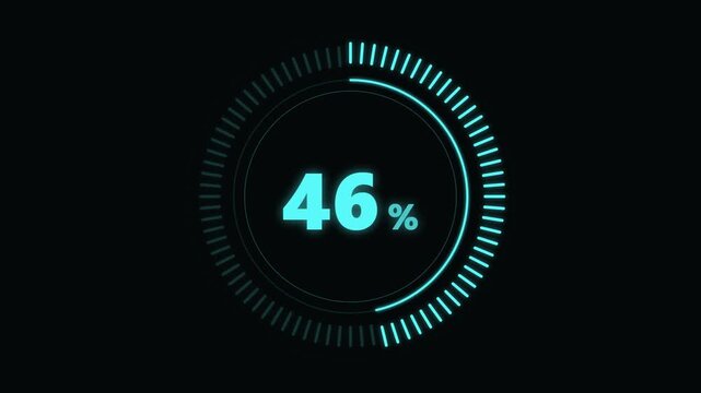 Cyan glowing circular progress bar with digital percentage indicator, big data analysis concept, software loading display and system update background