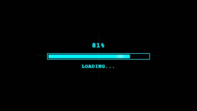 Cyan glowing progress bar with digital loading percentage, big data binary code concept, software installation background, tech startup presentation and web interface design
