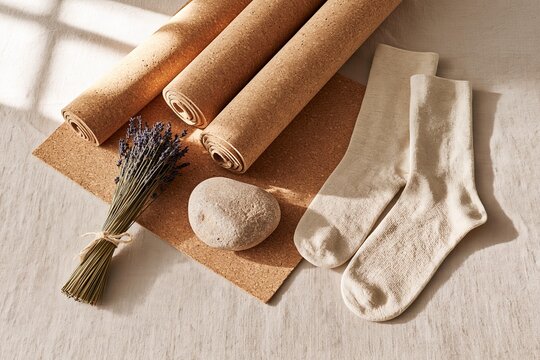 Rolled cork yoga mats with dried lavender bouquet and beige wool socks on textured fabric