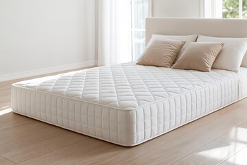 Obraz premium White quilted mattress with beige pillows on a modern wooden floor in a bright bedroom
