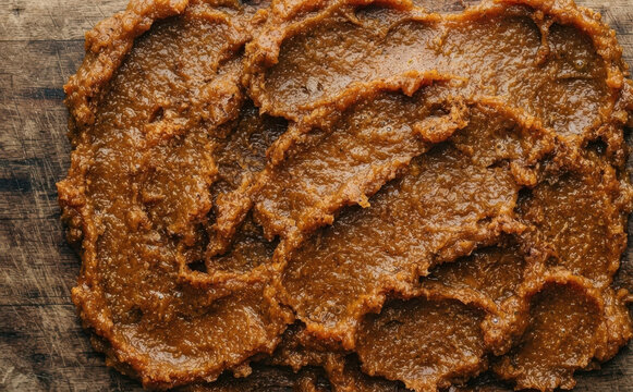 Rich textured brown miso paste spread evenly on a rustic wooden board close up view representing traditional Japanese culinary ingredients and fermented seasoning