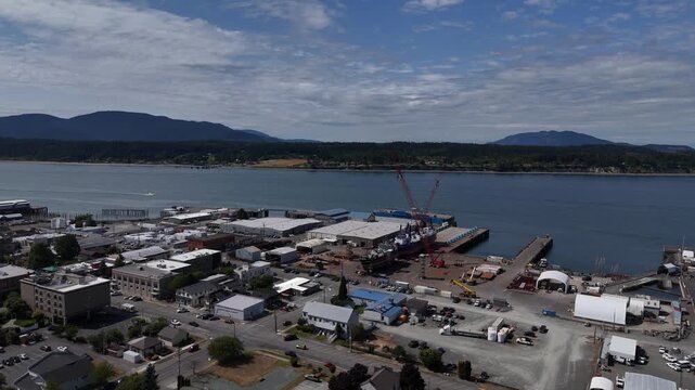 Port Of Anacortes And Working Waterfront Overlooking Guemes Channel Washington Aerial Drone 4K Video