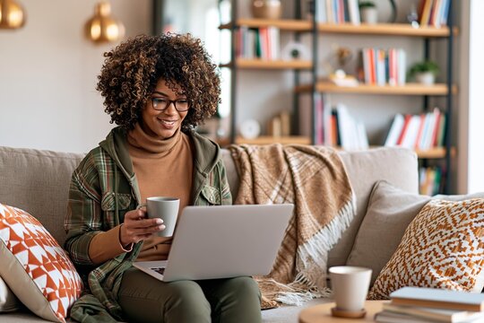 Woman with curly hair wearing glasses working on laptop and holding coffee cup on living room sofa