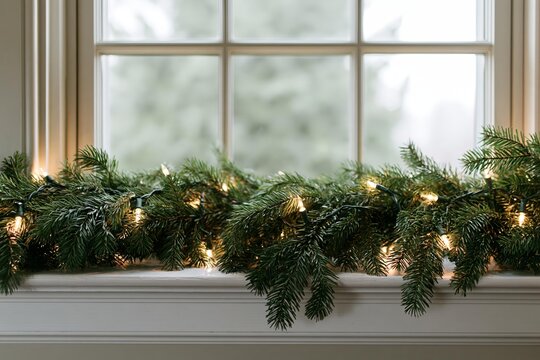 Christmas evergreen garland with warm glowing fairy lights resting on a white wooden window sill