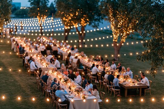 Outdoor wedding reception dinner tables illuminated by string lights at dusk