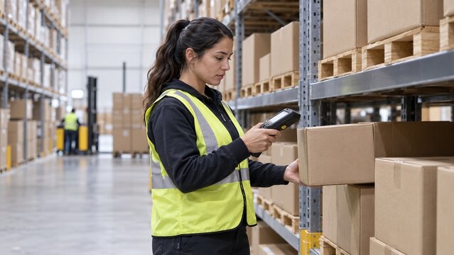 Authentic candid workplace photography: a focused Hispanic female employee scanning a cardboard box with a barcode reader in a distribution center aisle, a concept for e-commerce order fulfillment and