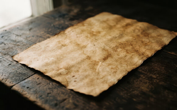 Blank vintage parchment paper scroll on rustic wooden table background for retro messages and pirate map designs
