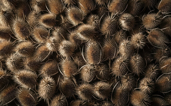 Close up background of dry brown teasel seed heads arranged in a dense natural pattern with sharp textures and earthy tones for botanical design