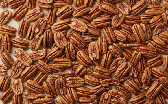 Background of raw organic pecan nuts scattered evenly overhead top view for healthy eating concept