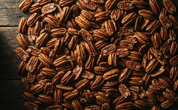 Pecan nuts spread across a rustic wooden table, overhead flat lay view, representing healthy snacks, baking ingredients, and autumn harvest cooking concepts.