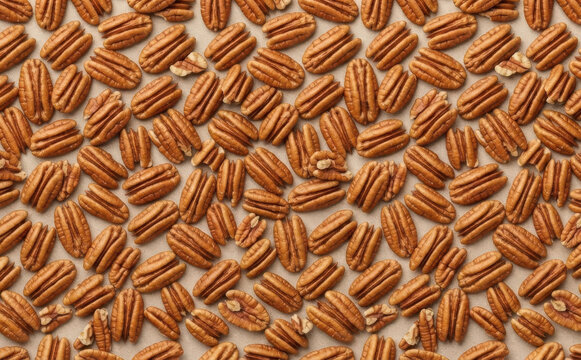 Top down flat lay background of scattered raw whole pecan nuts on light surface close up texture pattern design