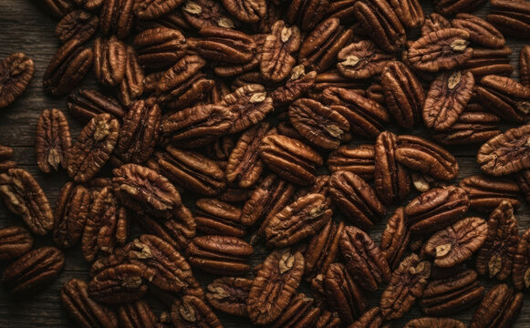 A top-down view of shelled organic pecan nuts scattered abundantly across a rustic dark wooden tabletop surface, perfect for healthy eating, autumn recipes, baking ingredients, and culinary concepts.