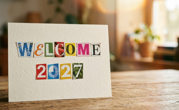Welcome 2027 ransom note style greeting card on wooden table new year concept