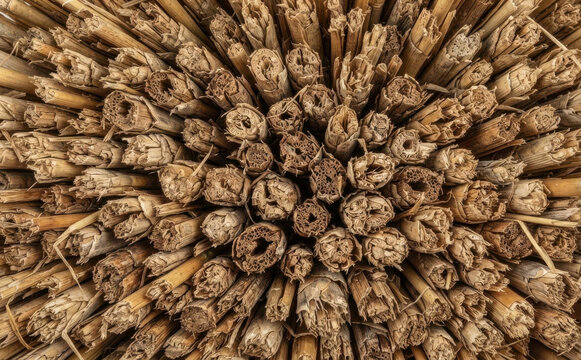 Close up of bundle of straw texture background, natural agricultural material for thatched roof and crafts