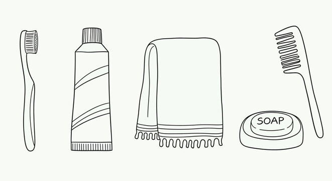 Hand drawn line art of essential personal hygiene items for daily self care routine.