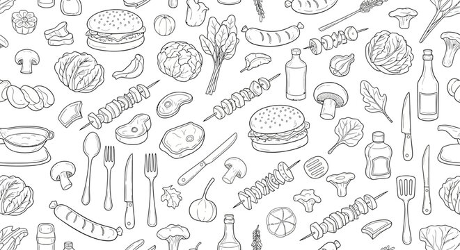 Hand-drawn barbecue and grill food items, seamless pattern for culinary designs.