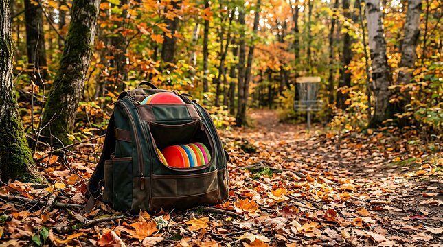 Disc golf bag filled with colorful discs resting on a forest trail during autumn foliage season