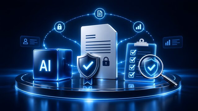 Futuristic AI cube with secure locked document and verified checklist representing artificial intelligence in cybersecurity, data protection, and digital compliance.
