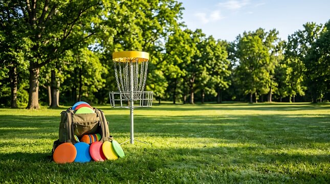 A well-equipped disc golf bag sitting on the lush green grass next to a metal basket in a public park