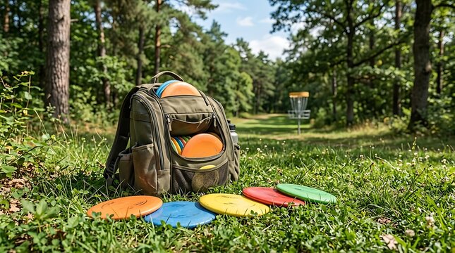 A well-equipped disc golf bag sitting in lush green grass on a sunny day with flying discs displayed nearby