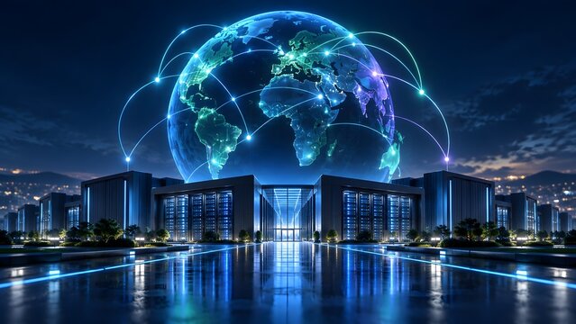 Futuristic data center building at night with a large glowing earth globe and connection network representing global IT infrastructure and worldwide cloud services.