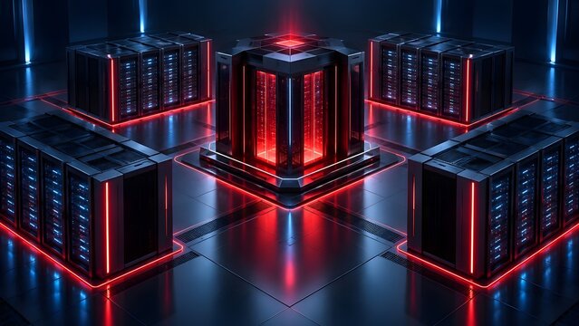 Futuristic data center with server racks glowing with red warning lights representing critical system error, cyber attack, or network failure.