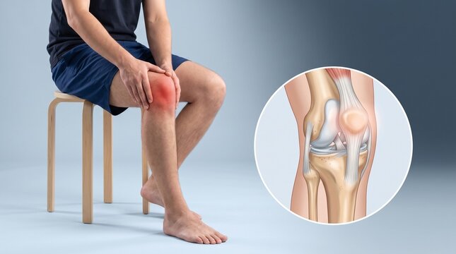 Man Suffering from Knee Joint Pain Sitting on Stool with Medical Anatomical Diagram Illustration Showing Arthritis, Injury, Patella, Ligament and Cartilage Inflammation